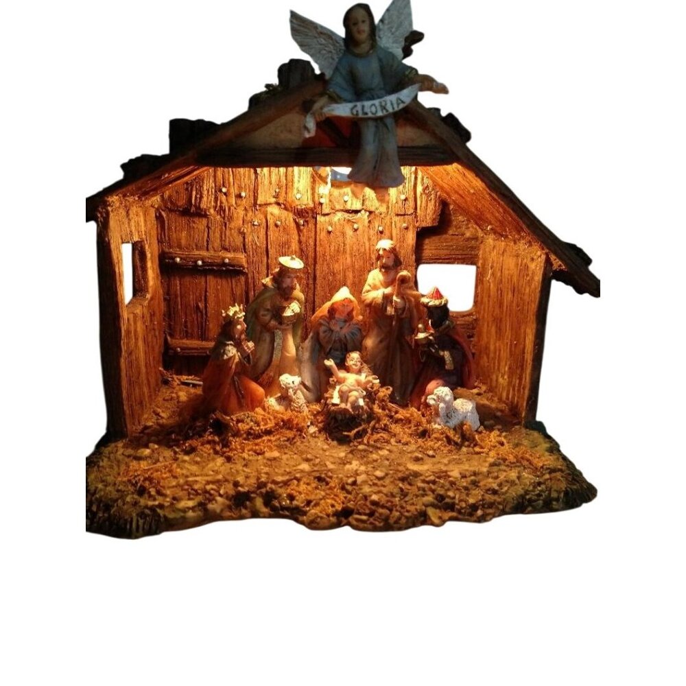 Handcrafted Lighted Nativity Scene With Angel "Gloria" Banner & Figurines